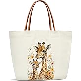 Giraffe Canvas Tote Bag for Women, Cute Reusable Grocery Shoulder Bag for Shopping, Work, Travel, Gym - Motivational Gifts for Halloween, Christmas, Beach - Giraffe Lovers, Friends -43