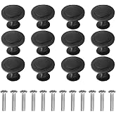 12 Pack Black Round Cabinet Hardware Knobs 1.18 Inch Flat Pulls Knob with Screws for Kitchen Drawer Dresser Cupboard Door Handles Matte Cabinets Pull Bathroom Drawers Handle Modern Pulls Handles