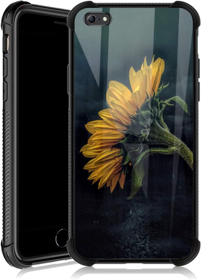 iPhone 6s Plus Case,Sunflower in the Rain iPhone 6 Plus Cases for Girls,Tempered Glass Back Cover Anti Scratch Reinforced Corners Soft TPU Bumper Shockproof Case for iPhone 6/6s Plus Night Lonely