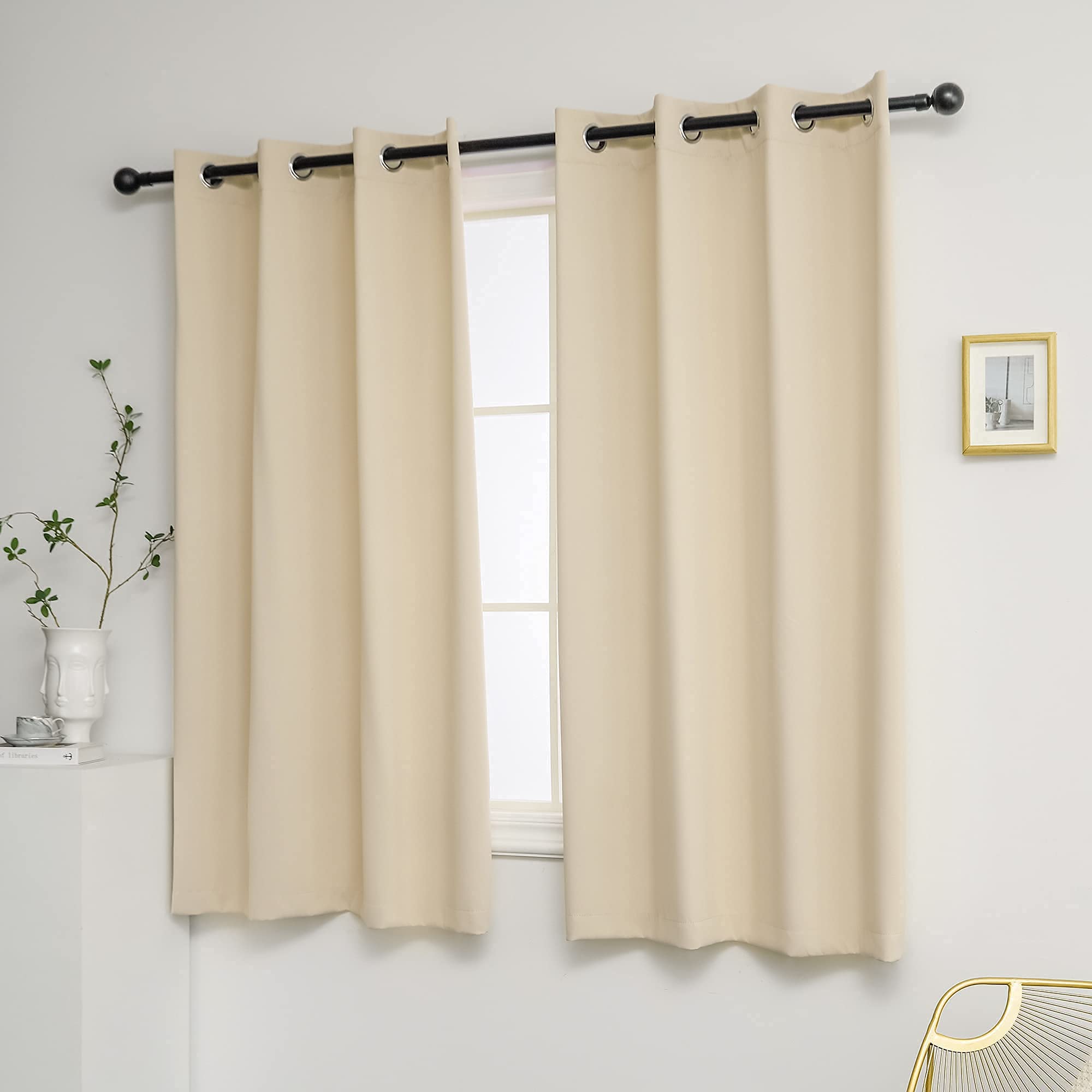 YGO Beige Blackout Curtains Home Decor Window Treatment Ring Top Blackout Draperies Curtains for Living Room 2 Panels 52 by 63 Beige