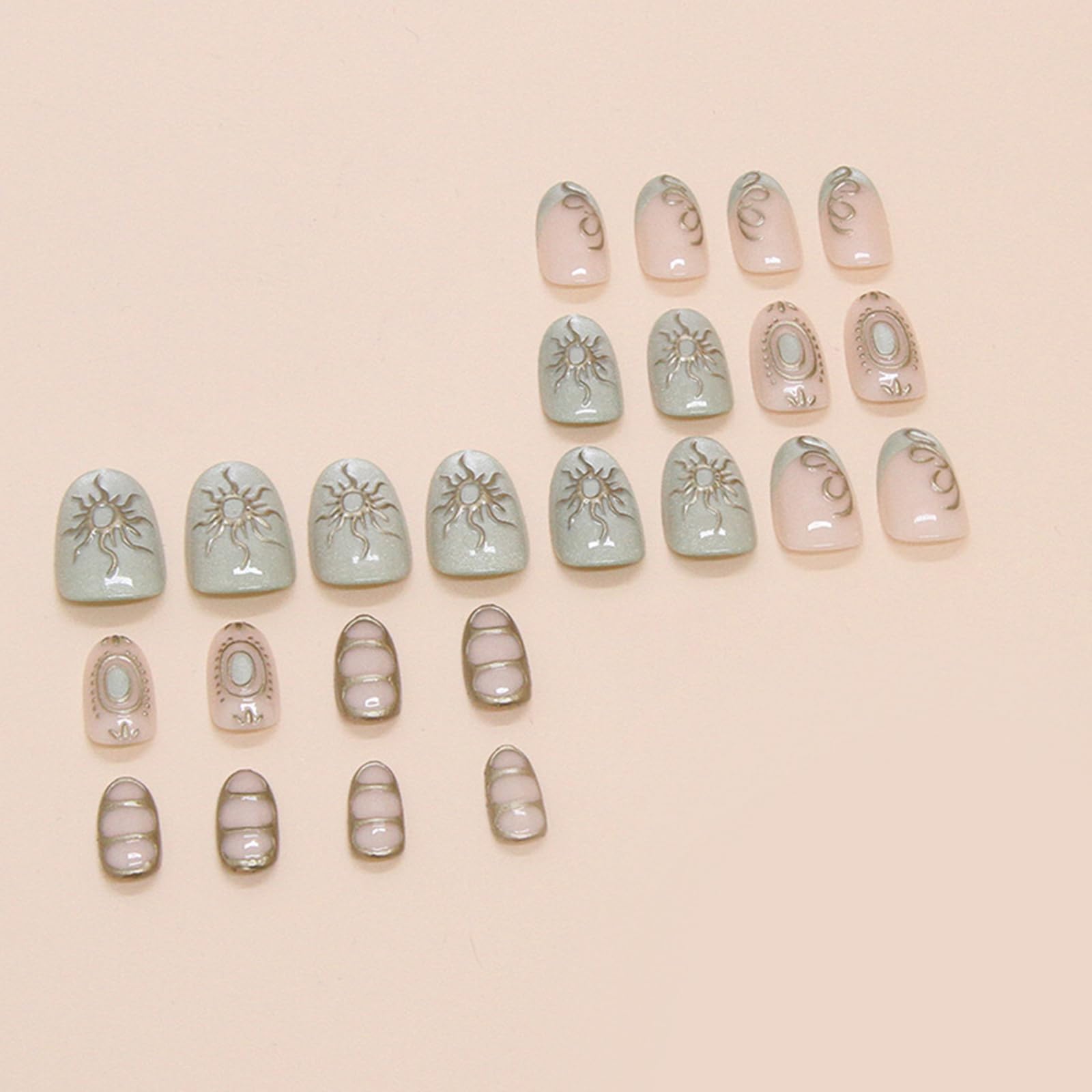 Bling French Tip Press on Nails Short Almond Fake Nails with 3D Gold Sun Design Green Glitter False Nails Glossy Full Cover Glue on Nails Goth Acrylic Artificial Stick on Nails for Women Girls 24Pcs - Image 4