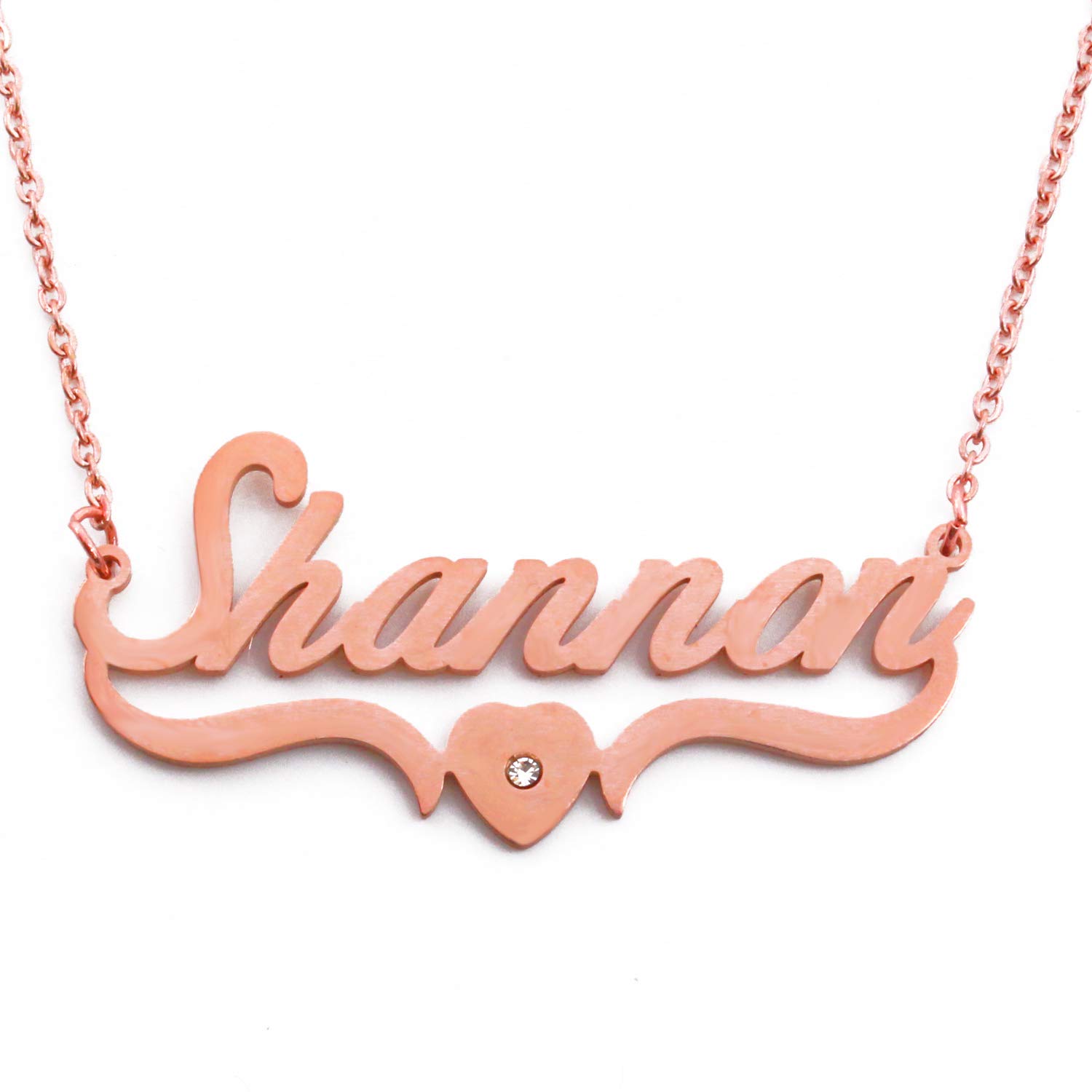 Kigu Shannon Name Necklace Heart Shaped Personalised Rose Gold Plated, Custom Dainty Name Pendants, Jewellery for Ladies, Girlfriend, Mother, Sister, Friends Inc Bag & Box