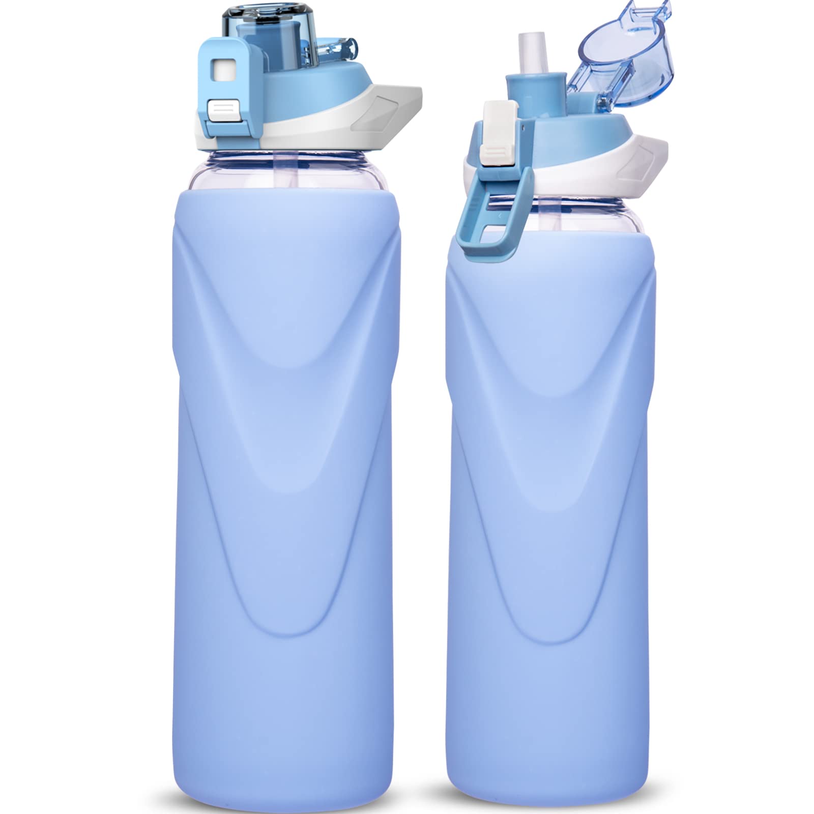 DEARRAY 1l / 1 litre Sports Glass Water Bottle with Straw & Silicone Sleeve Large Reusable BPA-free Glass Drinking Bottle with Flip Top Lid for Gym, Travel, Hiking