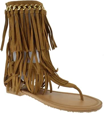 Amazon.com | Favorite 91 Womens Fringe Thong Flat Gladiator Sandals Tan | Sandals