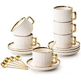 Mirenel ChaoArt 18-Piece Porcelain Coffee Cup and Saucer Set, 8 oz, Service for 6, Gold-Tone Spoons, Gift Box, White