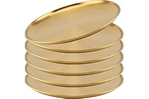 JOIKIT 6 Pack 12 Inch Gold Stainless Steel Plate, Round Metal Dinner Plates, Kitchenware Dinner Dishes Serving Tray Large Cam