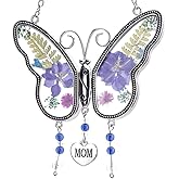 Laraine Butterfly Suncatcher with Pressed Colourful Flower Wings Mother's Day Butterfly Glass Wind Chime Ornament Charm with Metal Heart Gifts for Mom Grandma Birthday (Purple Mom)