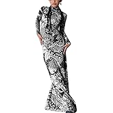 Uni Clau Women Sexy Long Sleeve Maxi Dress Sheer Mesh Print Y2K Dress Bodycon Mock Neck Slim Fit Cocktail Dresses Clubwear