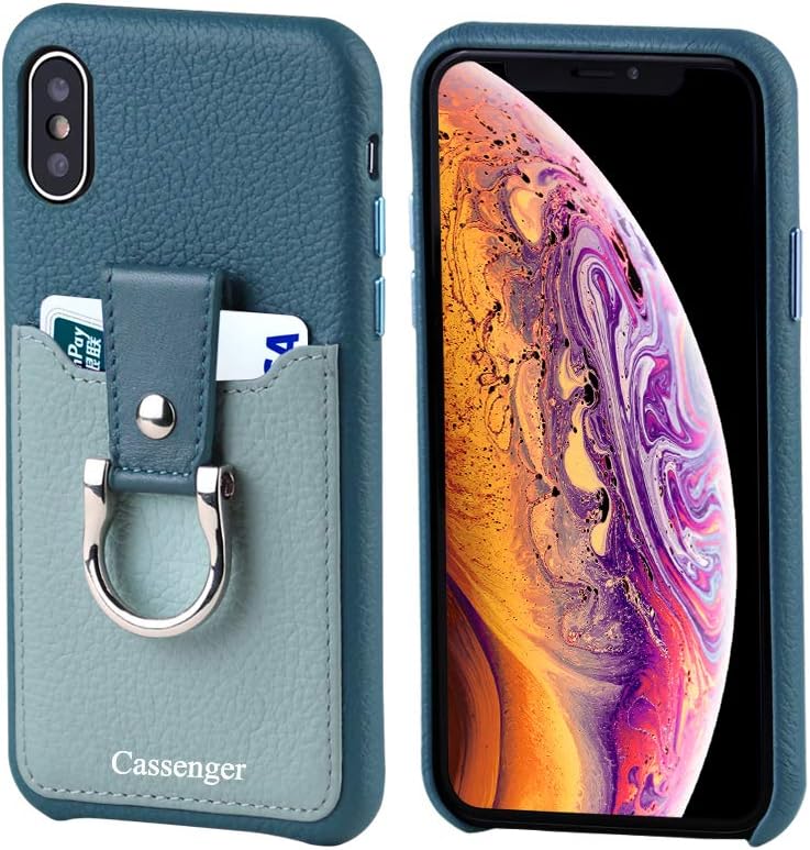Cassenger Genuine Italian Leather Cover Card Slot Holder with Metal Kickstand Flip Wallet Case Compatible with Apple iPhone Xr 2018 (Dark Blue/Light Blue)