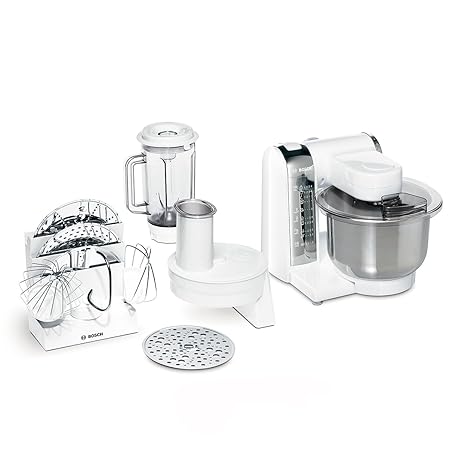Bosch MUM48CR1 Küchenmaschine MUM4 (600 Watt , 3.9 Liter, Edelstahl-Rührschüssel, Durchlaufschnitzler, Reibscheibe grob, Mixe