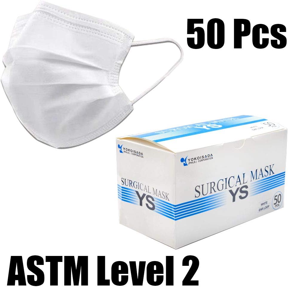 ROLLGAN 50Pcs of Pack Face Mask ASTM Level 2, Disposable Mouth Cover, 3-Ply Face Masks Made in Phils. White Mask