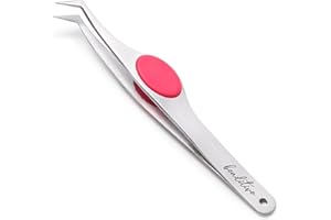 Beaditive High Precision Angled Tip Tweezers with Cushion Grip - 4.7" Craft Tweezers for Sewing, Beading & DIY Crafts - Non-Serrated Jewelry Tweezers with Fine Angled Tips - Stainless Steel (Fuchsia)