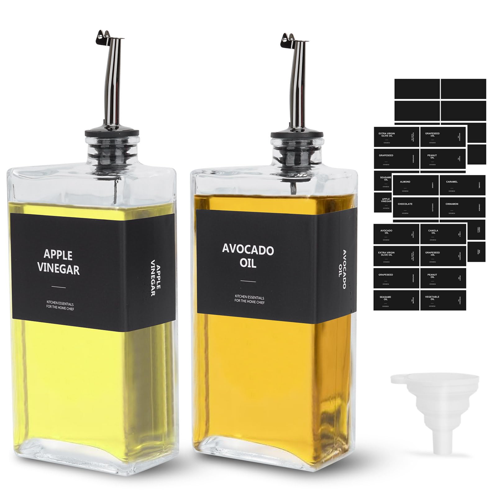 sunal Olive Oil Dispenser Bottles,Black Oil Bottle for Kitchen,500ml/16.9 oz Glass Oil and Vinegar Dispenser Set,Oil Bottle with Weighted Pourer and Waterproof Label&Silicone Funnel,2pack