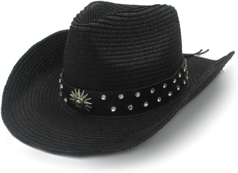 IWGR Men's Straw Western Cowboy Hat For Gentleman Sombrero Caps Witt Fashion Belt (Color : Black, Size : 56-58cm)