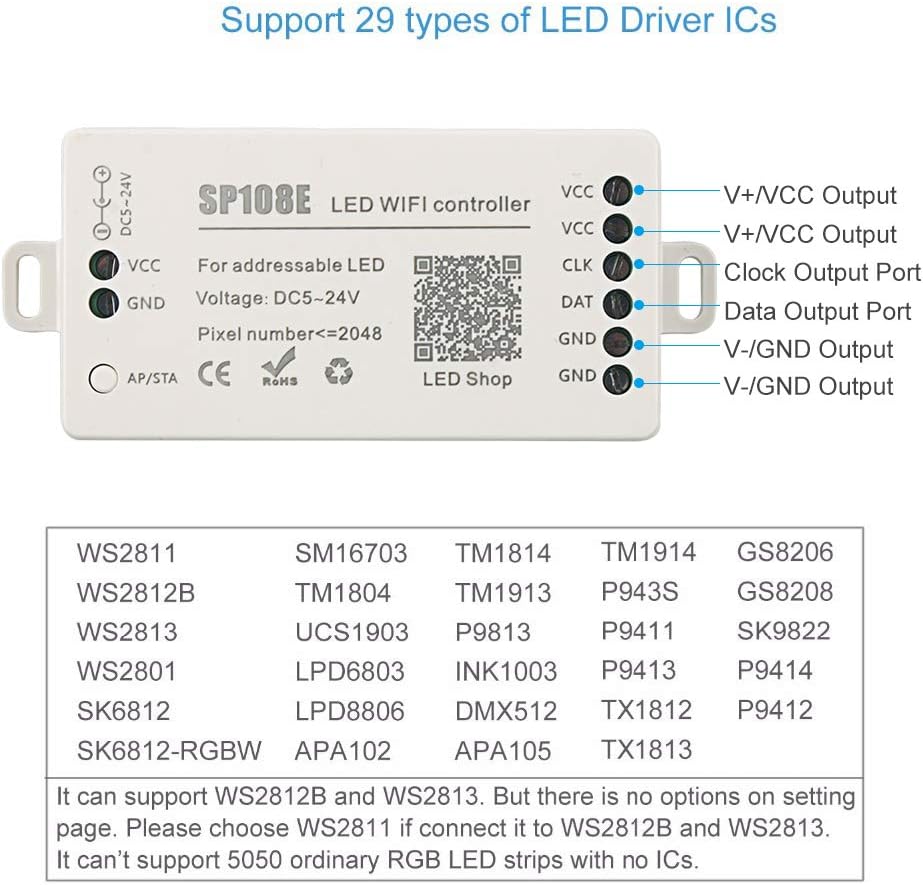 VIPMOON SP108E WiFi LED Strip Controller, DC5V-24V Full Color RGB LED Controller, iOS/Android App Control - Image 4