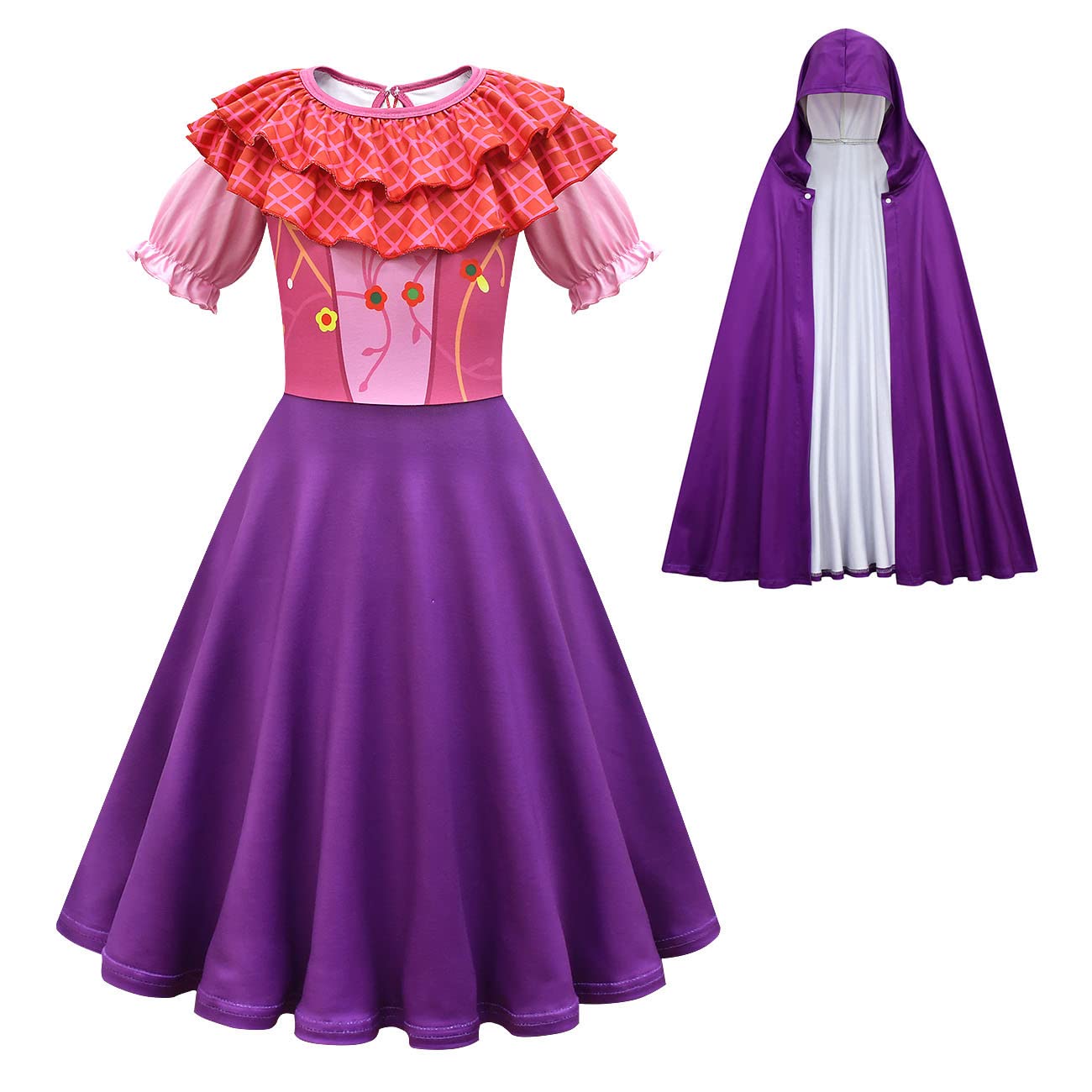 IBTOM CASTLE Sanderson Sisters for Girls,Kids Sarah Mary Winifred Sanderson Outfit Cape Child Party for Teen Purple pink+Cloak 8-9 Years