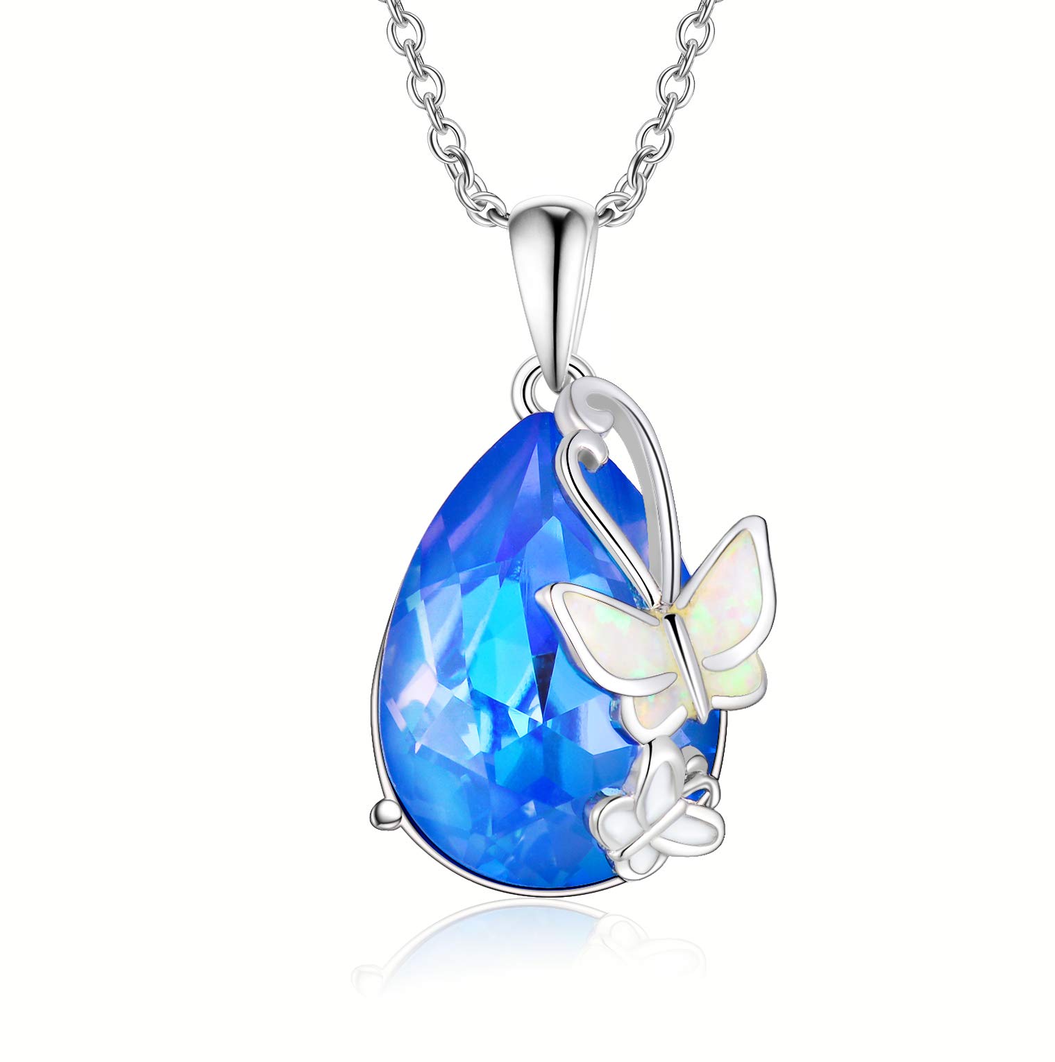 AOBOCO Blue Crystal Necklace for Women Silver Butterfly Teardrop Pendent Jewellery Gift for Birthday Friends Mom Girls Christmas Day
