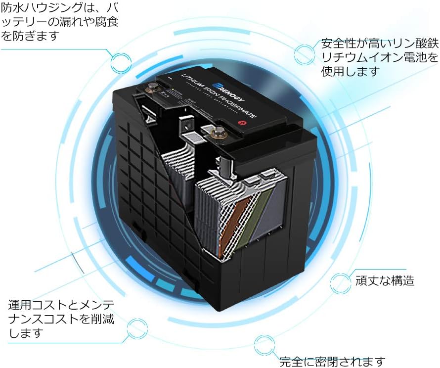 Amazon Renogy リン酸鉄リチウムイオンバッテリー 12ｖ Pse認証取得済 一年間保証付き 100ah カーバッテリー 車 バイク