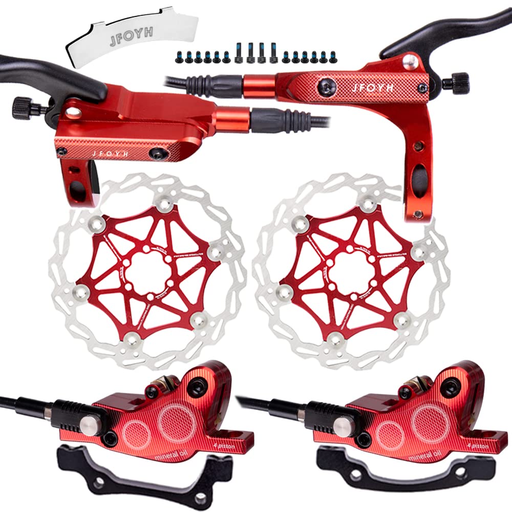 Photo 1 of JFOYH 4-Piston MTB Hydraulic Brake Set with 160mm Floating Disc Rotors, Front and Rear Hydraulic Disc Brake Kit For MTB(Pre-bled, Left-Front/Right-Rear)-Red