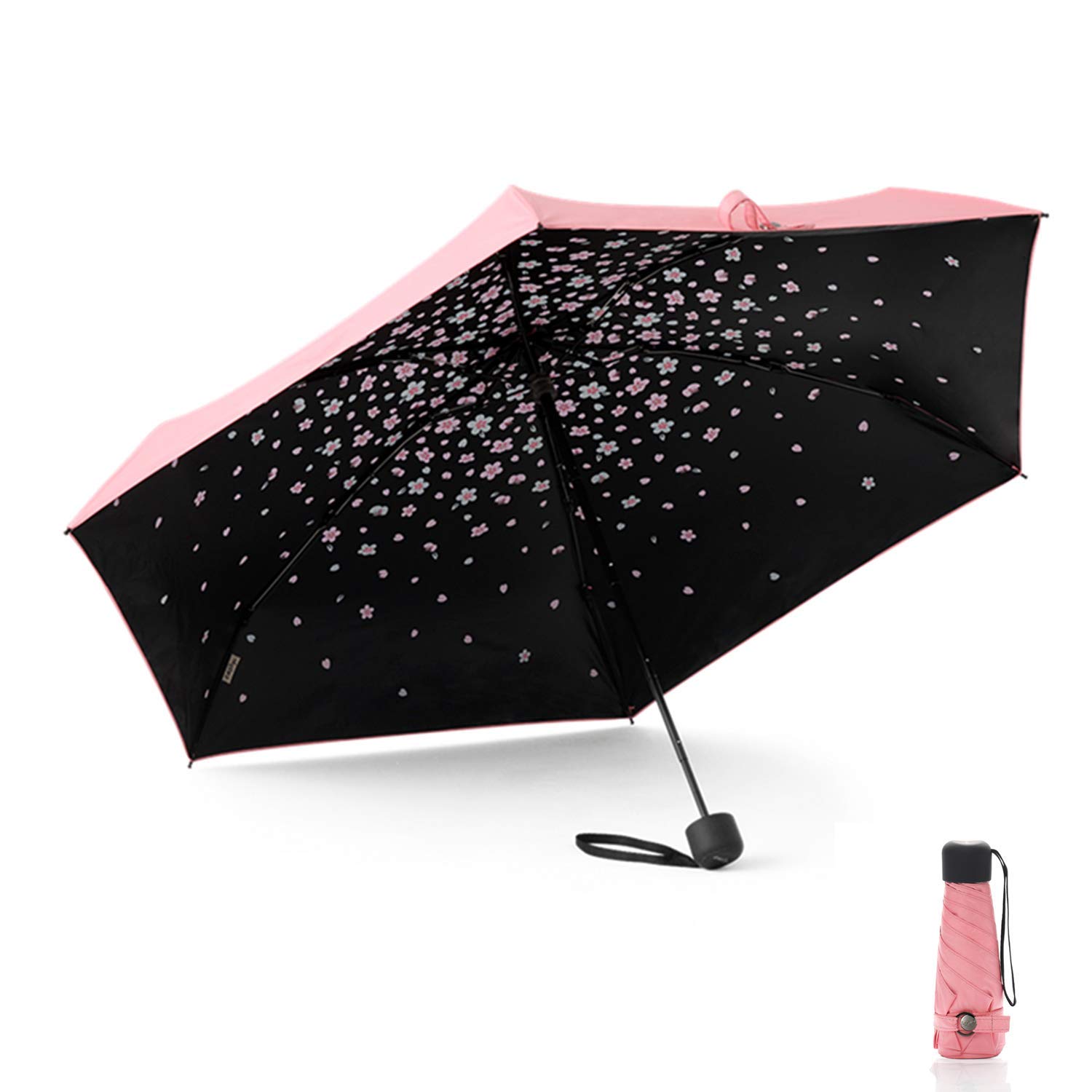 Meiyijia Compact and Foldable Umbrella, UV Protection, Portable Voy, Mini Lady Umbrella - Manual Switch - Pink - Cherry Blossom Pattern - Unfold 90cm, 90cm