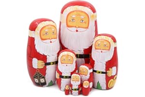Apol Set of 8 Cute Santa Claus with White Beards and Black Belt Nesting Dolls Wooden Crafts Matryoshka Russian Doll for Kids Stack Toy Children Christmas Birthday Gift Home Decoration
