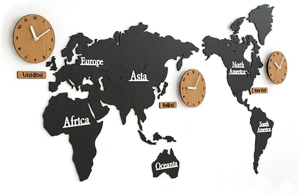 guazhong MCC Creative Home Decoration World Map Large Wall Clock Simple DIY Personalized Art Wooden 3 Country Hanging Clock, Black/Log, 13763cm
