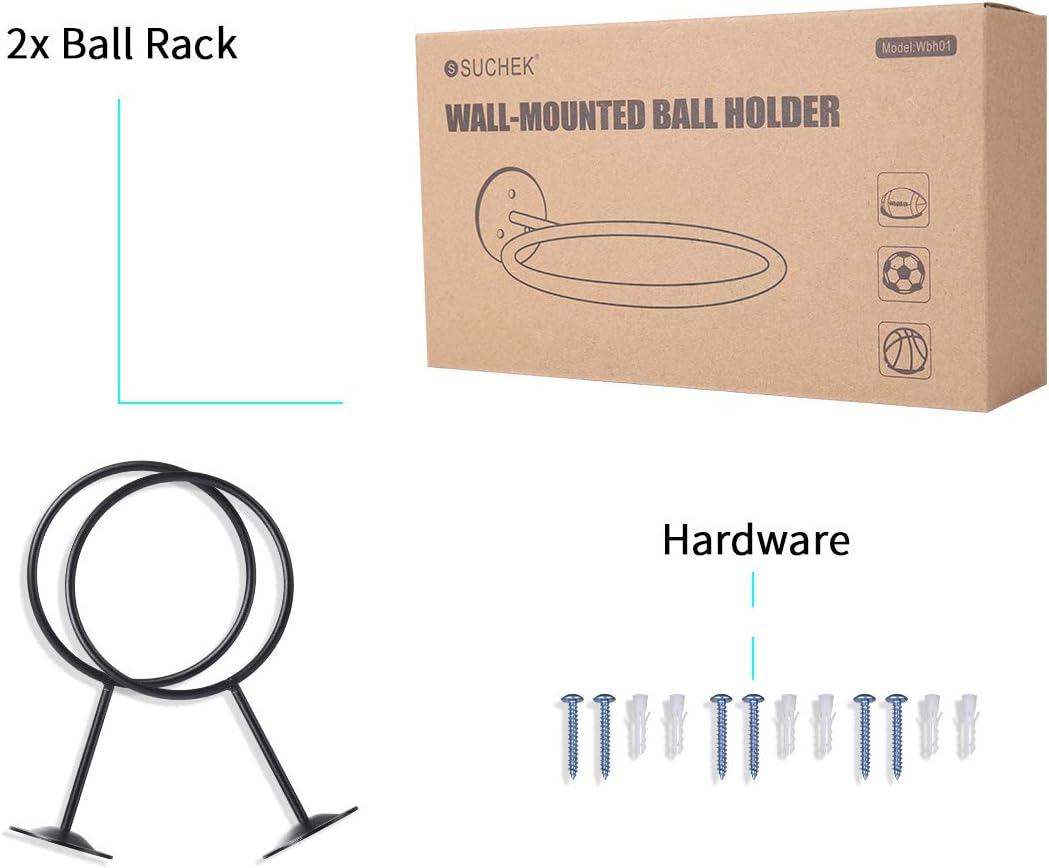 Suchek Metal Ball Holder Rack Wall Mounted, Display Wall Storage for Soccer, Basketball, Volleyball, Rugby, Football (2 Pieces, Black): Sports & Outdoors