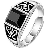 Thai Silver Black Onyx Rings For Men Women,Adjustable Black Stone Square Agate Vintage Open Band Ring For Men,Punk Motorcycle Knuckle Ring Jewelry