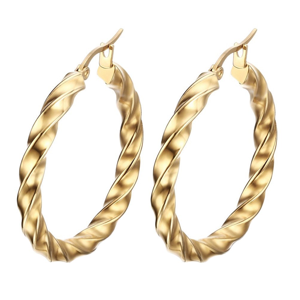 PAURO Women's Stainless Titanium Steel Golden Big Round Circle Wave Earring