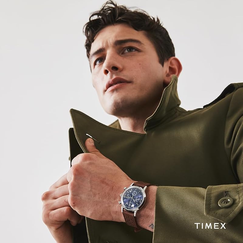 Marlin Chronograph - relógio masculino de 40mm, correia de libertação rápida em pele castanha, mostrador azul, caixa em aço inoxidável TW2W10200