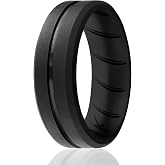ROQ Silicone Rubber Wedding Ring for Men, Men's Wedding Band, Breathable Rubber Engagement Band, 2 Thin &amp; Middle Lines, Beveled Edge &amp; Engraved Duo, Multi Colors