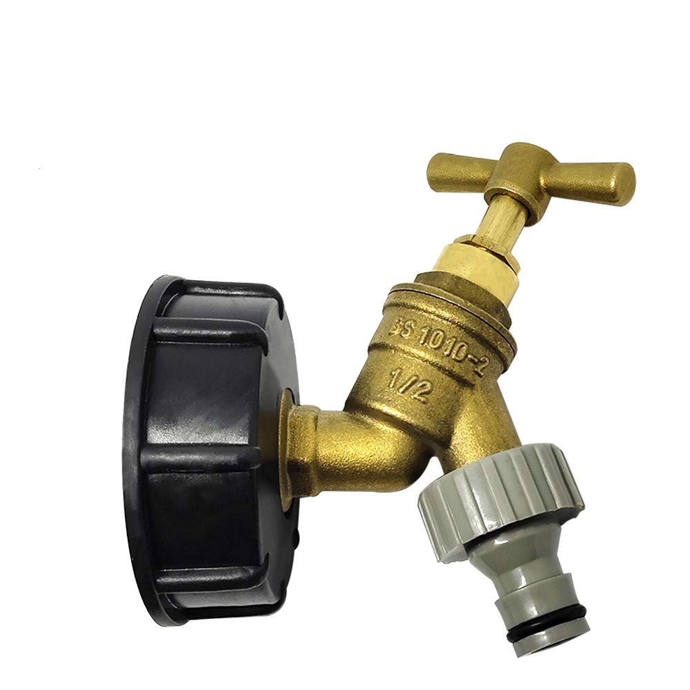 IBC Tank Adapter, IBC Tote Tank Drain Adapter S60X6 to Brass Garden Tap with 1/2" Hose Fitting Oil Fuel Water