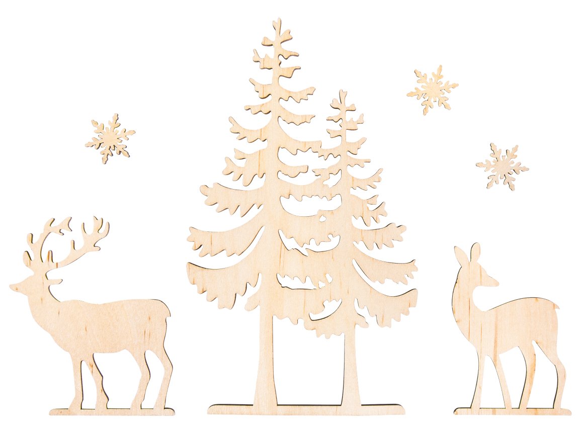 Rayher 46322000 Fir Tree and Deer Wooden Shapes, Natural wood cutouts for Woodworks, Papercrafts and Decoration, 6 Piece Set