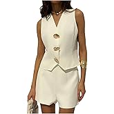 Verdusa Women's 2 Piece Elegant Outfits Button Down Sleeveless Vest Top and Shorts Office Set