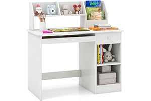 Giantex Kids Study Desk, Children Wooden Writing Table with Hutch, Bookshelf, Drawer, Keyboard Tray, Storage Shelves, White S