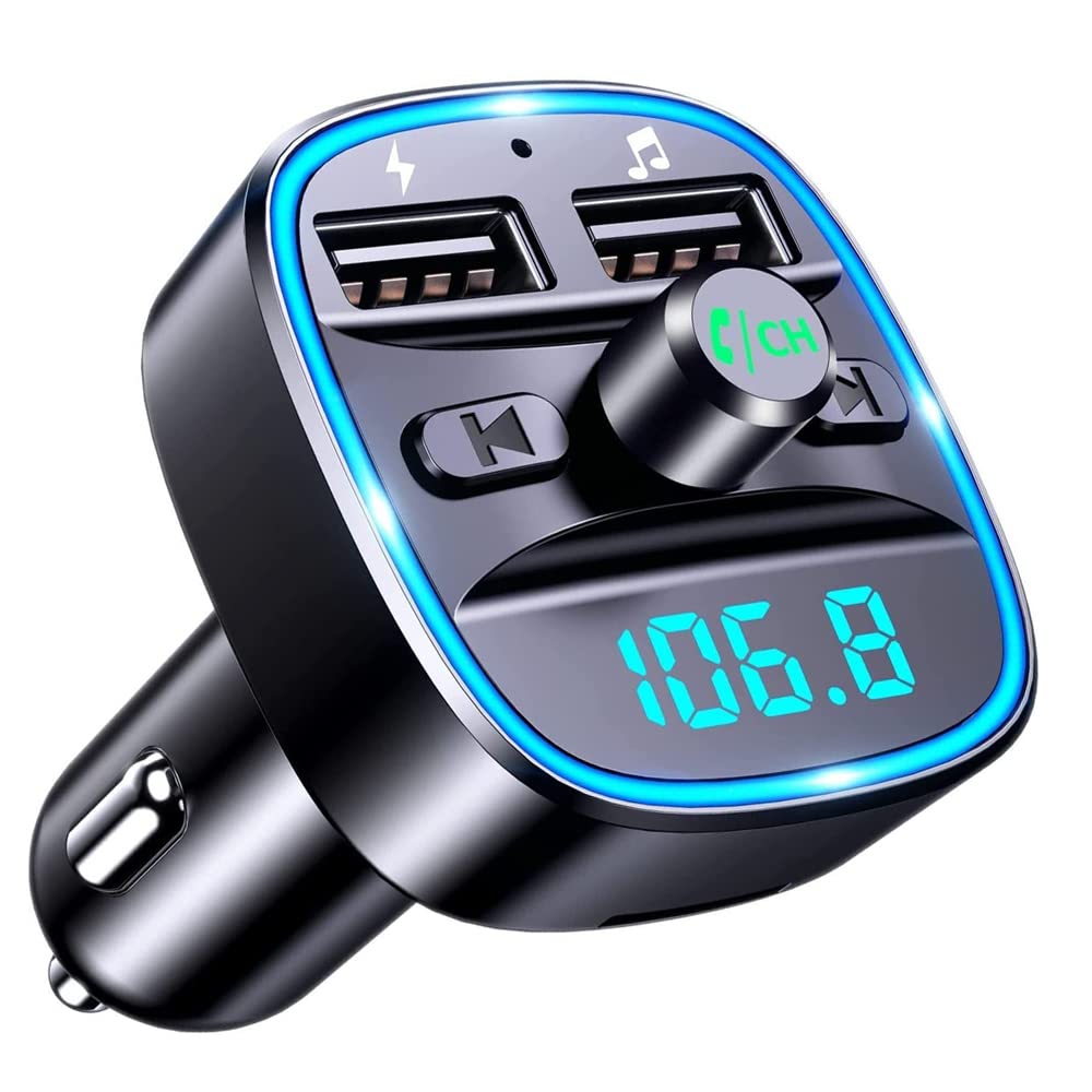 Bluetooth FM Transmitter for Car – Dual USB Fast Charger, Wireless Hands-Free Calling, Bass Boost Sound, LED Display, Music Playback, Universal 12V/24V Car Adapter