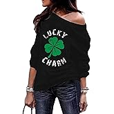 Decogiver St Patricks Day Sweatshirt Women‘s Off Shoulder Long Sleeve Slouchy Lucky Shamrock Irish Shirts