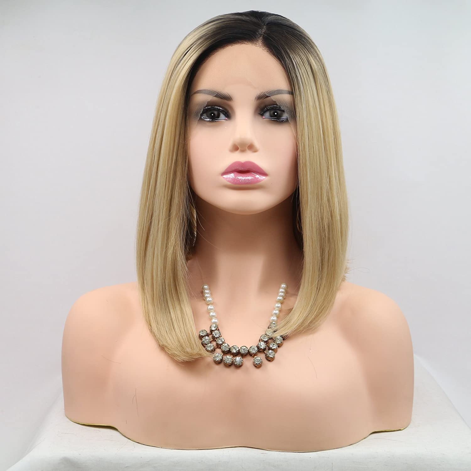 Ombre Blonde Bob Synthetic Lace Front Wigs Dark Roots Natural Hairline Middle Part Synthetic Lace Wigs For Women 14 Inch (Ombre Blonde Straight)