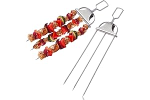 ESIE HOUZIE Skewers for Kabobs Set of 2, 14 Inch 3-Prongs Metal Kabob Skewers Stainless Steel Flat Skewers with Slider for Grilling Meat, Veggies, Sausages, Reusable Shish Kebab Skewers with Storage Bag