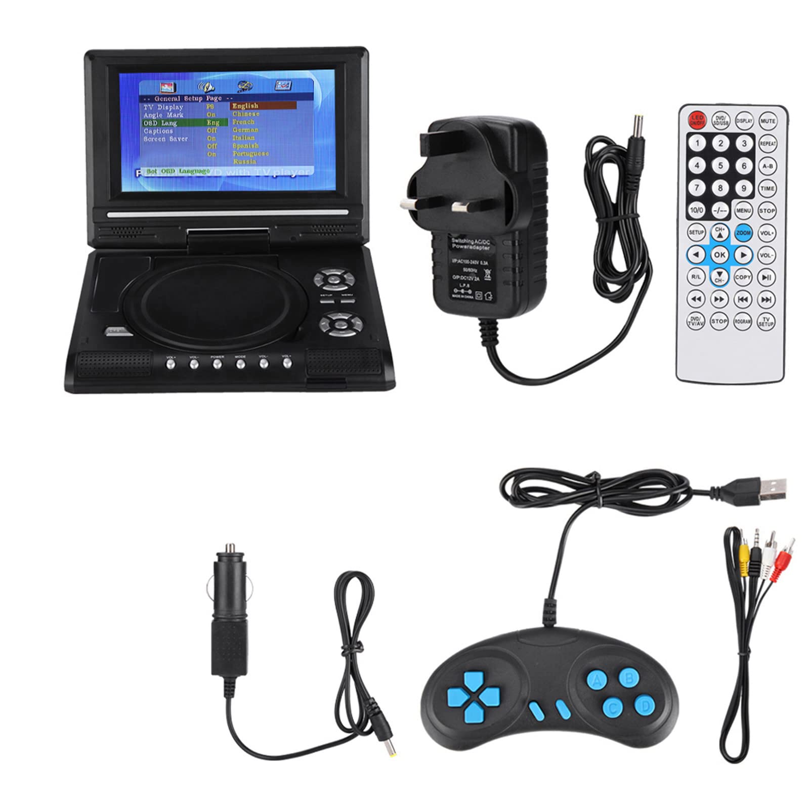 7.8-inch Portable DVD Player Swivel Screen with TV Function + Car Charger + Gamepad, Built-in Rechargeable Battery, Support FM radio function, Support SD Card and USB Port,270° Rotation