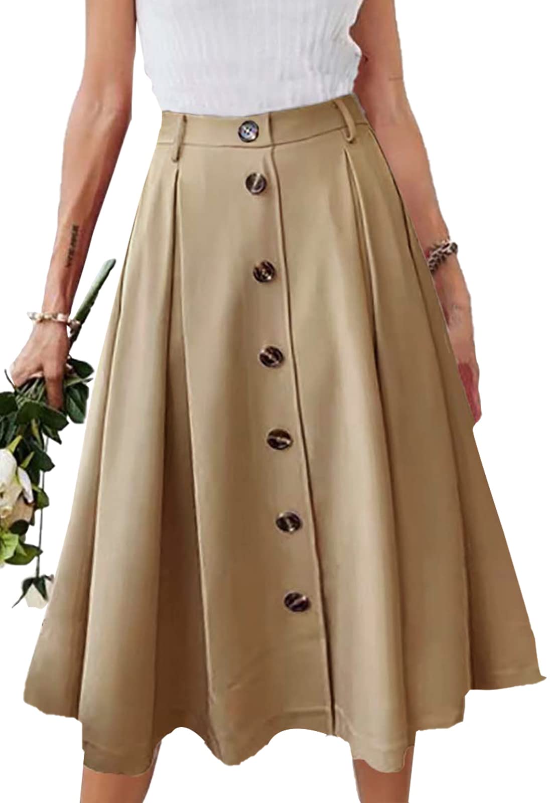 Photo 1 of (MEDIUM) (USED/FAIR) HERBATOMIA A-line Pleated Midi Skirt Elastic Waist Casual Flared Button Front Long Khaki Skirts with Pocket for Women M