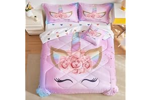 ADASMILE A & S Full Unicorn Comforter Sets for Girls 6 Pieces Pink Floral Unicorn Bedding Set with Colorful Cute Love Heart Sheets Full for Girls Unicorn Bed in a Bag Comforter for Home Decor