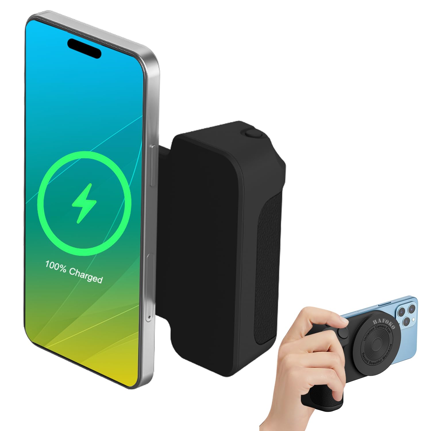 HAFOKO Magnetic Smartphone CapGrip Camera 3,300mAh Wireless Charging Grip Magnetic Camera Handle Bluetooth Bracket Cell Phone Shutter Grip w Bluetooth Control Compatible for iPhone Video Shooting