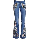 AULKEEP Women Embroidery Bell Bottom Jeans Slim Washed Floral Graphic Blue Jean Casual High Waist Pants