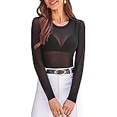 BAISHENGGT Womens Sexy Mesh Sheer Going Out Tops Crewneck Long Sleeve Stretchy Slim Fitted See Through T-Shirts