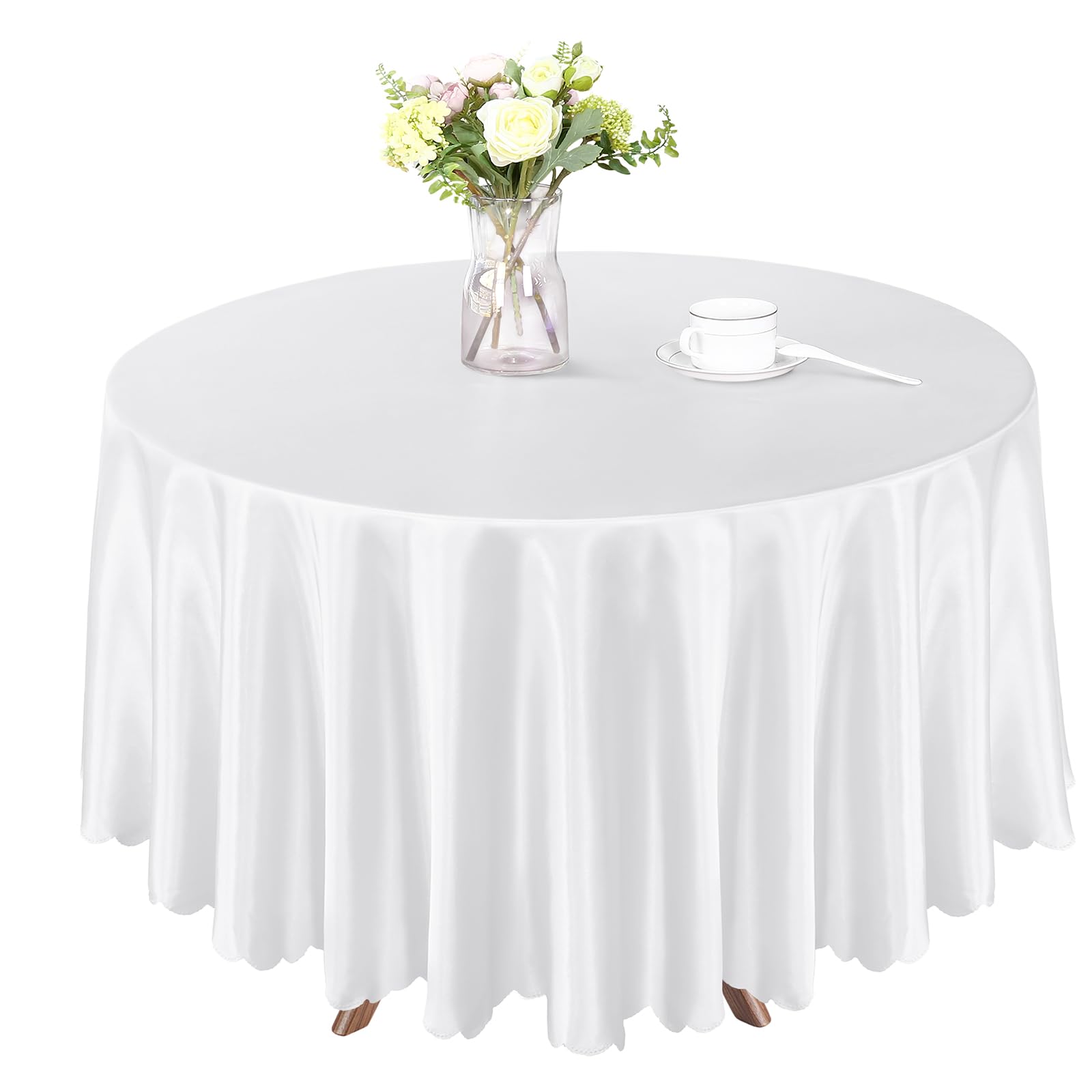 Photo 1 of Homiest 1 Pack 84 Inch / 7ft Round Tablecloth Satin Table Cover, White Table Cloth Overlay Bright Table Decorations, Silky Satin Dining Table Cloths for Wedding Reception Graduation Banquet