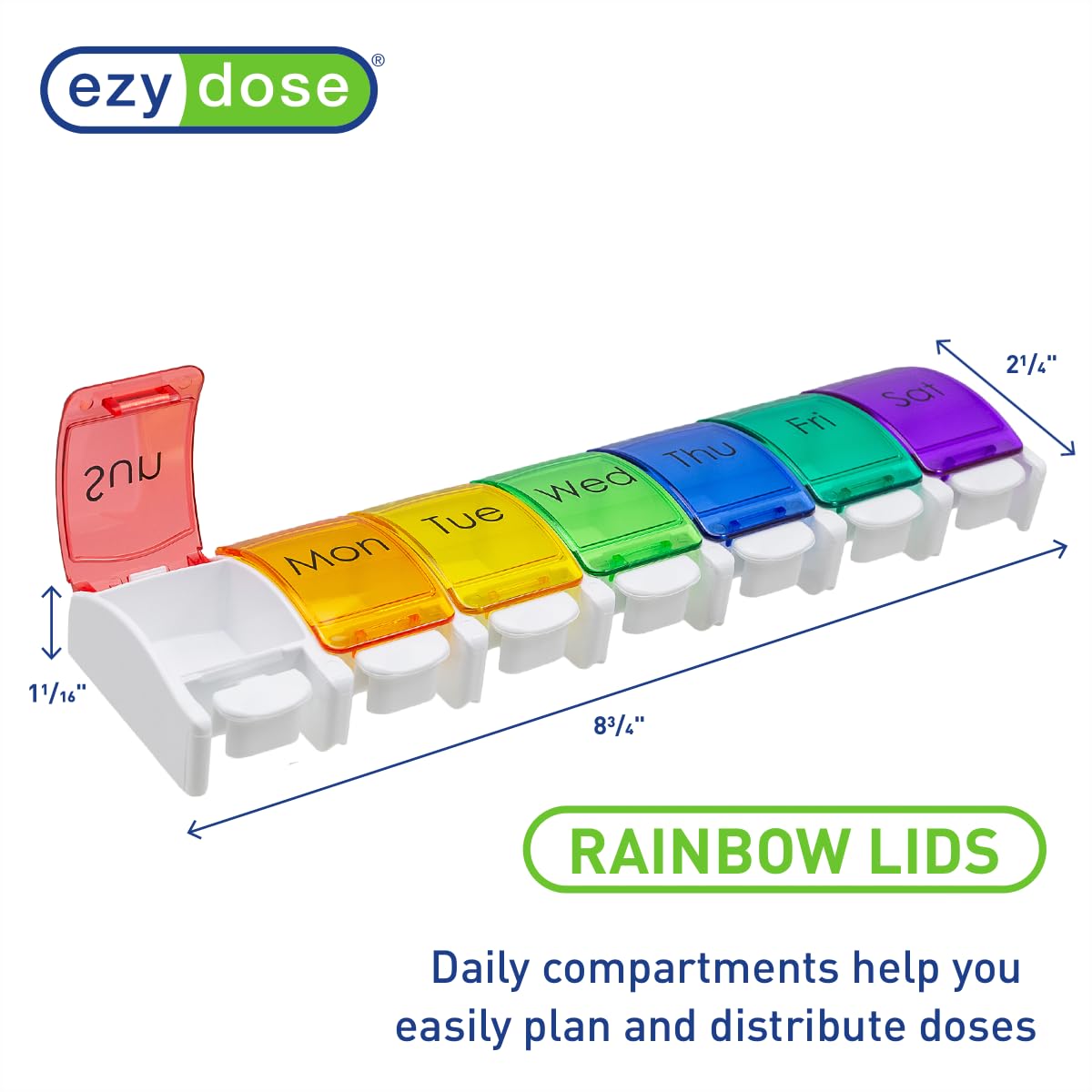 EZY DOSE Weekly 7-Day Pill Planner, Vitamin Organizer and Medicine Case, X-Large Push-Button Compartments for Easy Access, Durable Design with Colorful Rainbow Lids, Perfect for Home and Travel Use