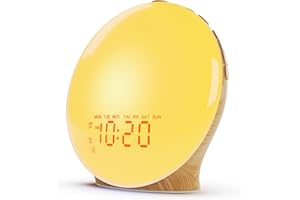 JALL Wake Up Light Sunrise Alarm Clock for Kids, Heavy Sleepers, Bedroom, White Noise Sound Machine with 17 Nihgt Lights, 25 Soothing Sounds, Bluetooth Speaker, Dual Alarms, FM Radio, Wood Grain