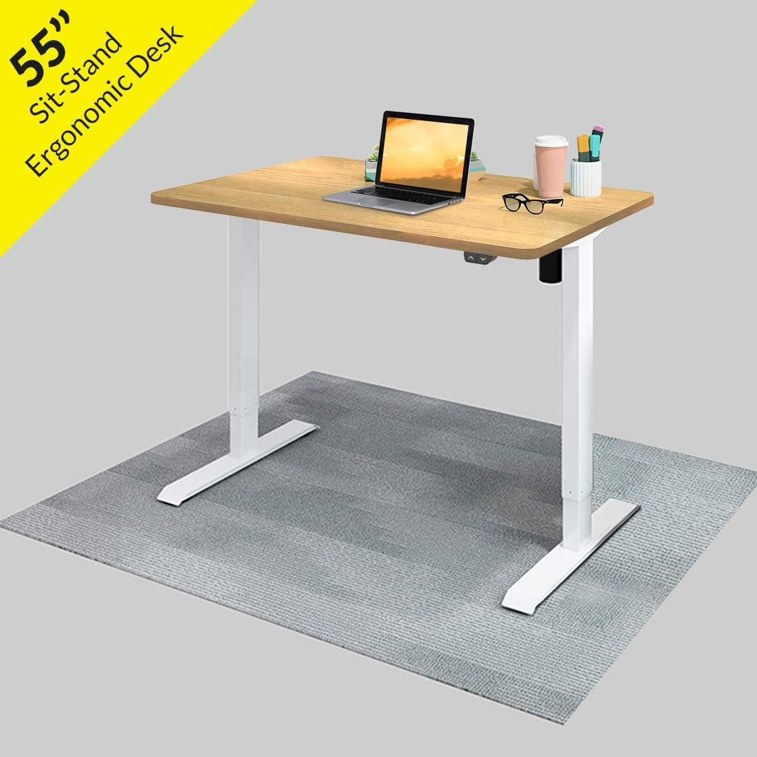 Electric Height Adjustable Standing Desk, 55" Sit Stand Up Computer Desk Workstation for Home Office (White Frame/Wood Desktop, 55 x 28 inch)