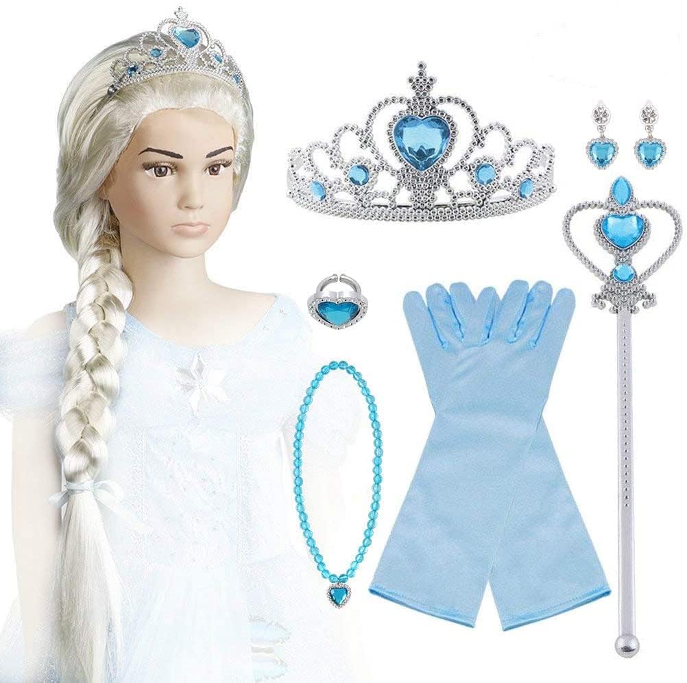 Vicloon 9 Set Dress Accessories, Gloves, Upgrade Princess Tiara Braid Wand, Necklace, Ring, Earrings, Perfect for Dress-Up Parties,Holidays, Halloween